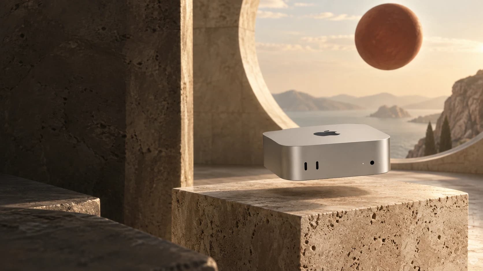 A silver Mac mini floats above a stone plinth in a sunlit architectural room.