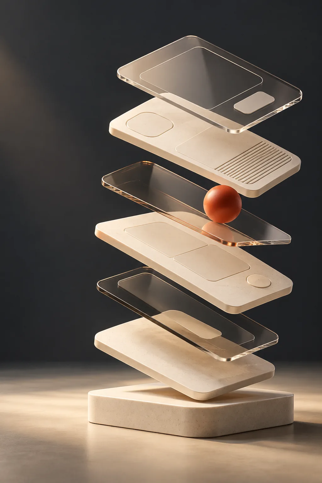 Floating ivory and glass interface panels with an orange sphere in a charcoal studio.